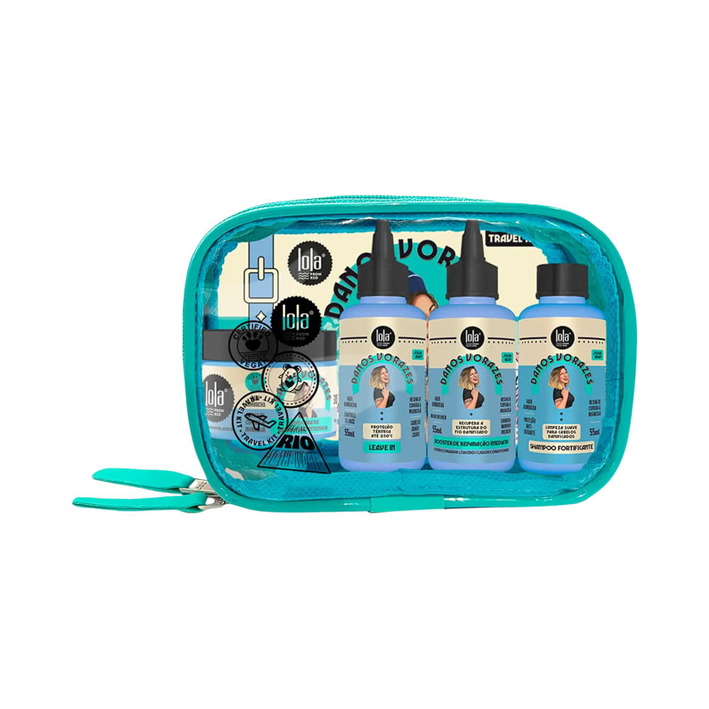 Kit Viagem Lola Danos Vorazes com shampoo, máscara, booster e leave-in em nécessaire azul turquesa